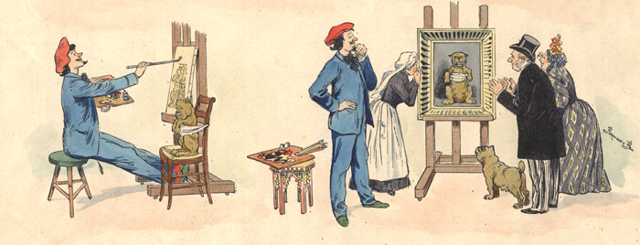 Partie d'une page nommée "Le portrait de Médor" de Ferdinand Fau, où l'on voit un chien retenu sur une chaise pendant qu'un peintre en fait la peinture pour les bourgeois propriétaires du chien.